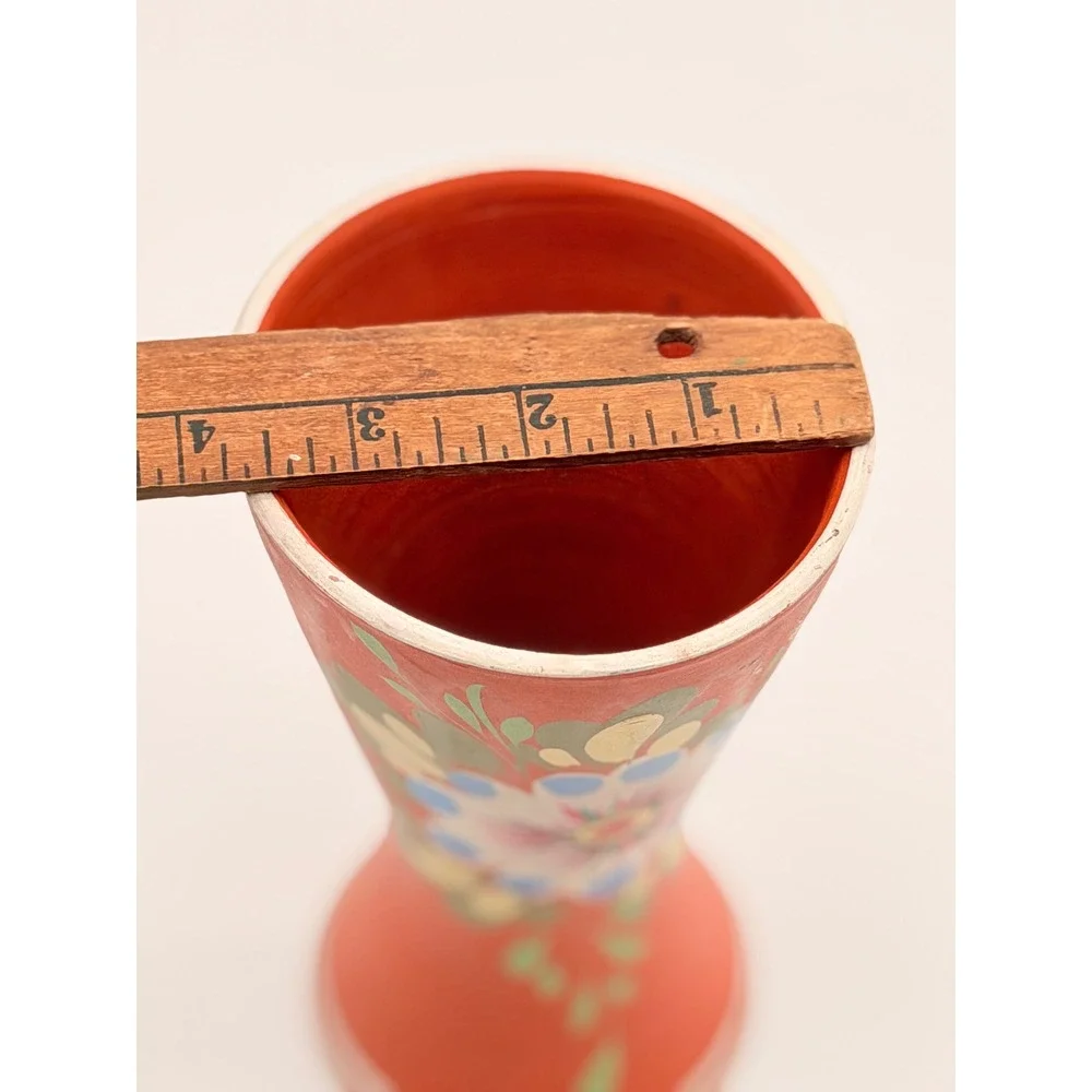 Vintage Hand Painted Floral Terracotta Bud Vase Red Folk Art Hourglass 7.5in